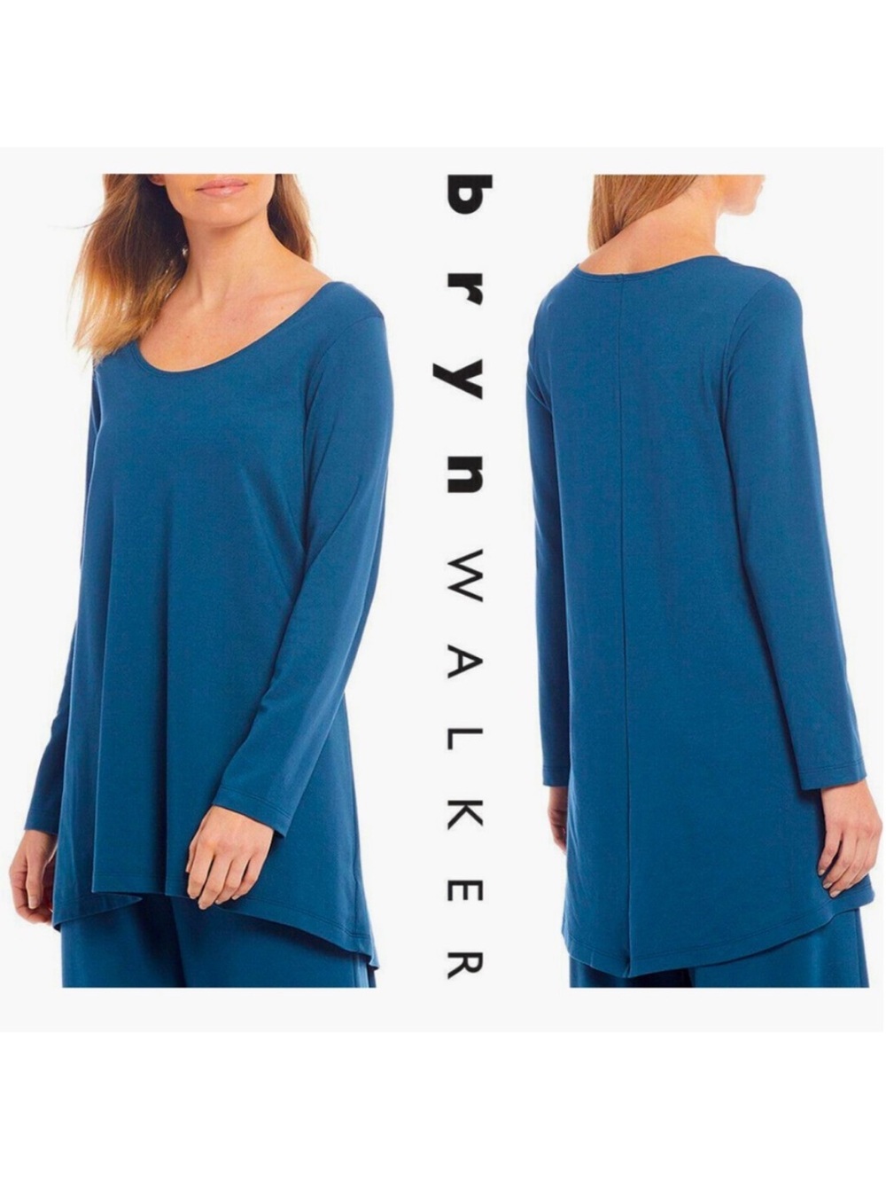 BRYN WALKER Liam Teal Blue Modal Ponti Long Sleeve Hi Low Casual Tunic Top M